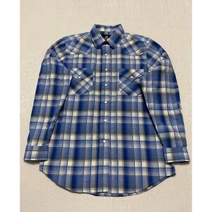Western Express Plaid Pearl Snap‎ Cowboy Shirt Men's L Blue Live at Lagunitas